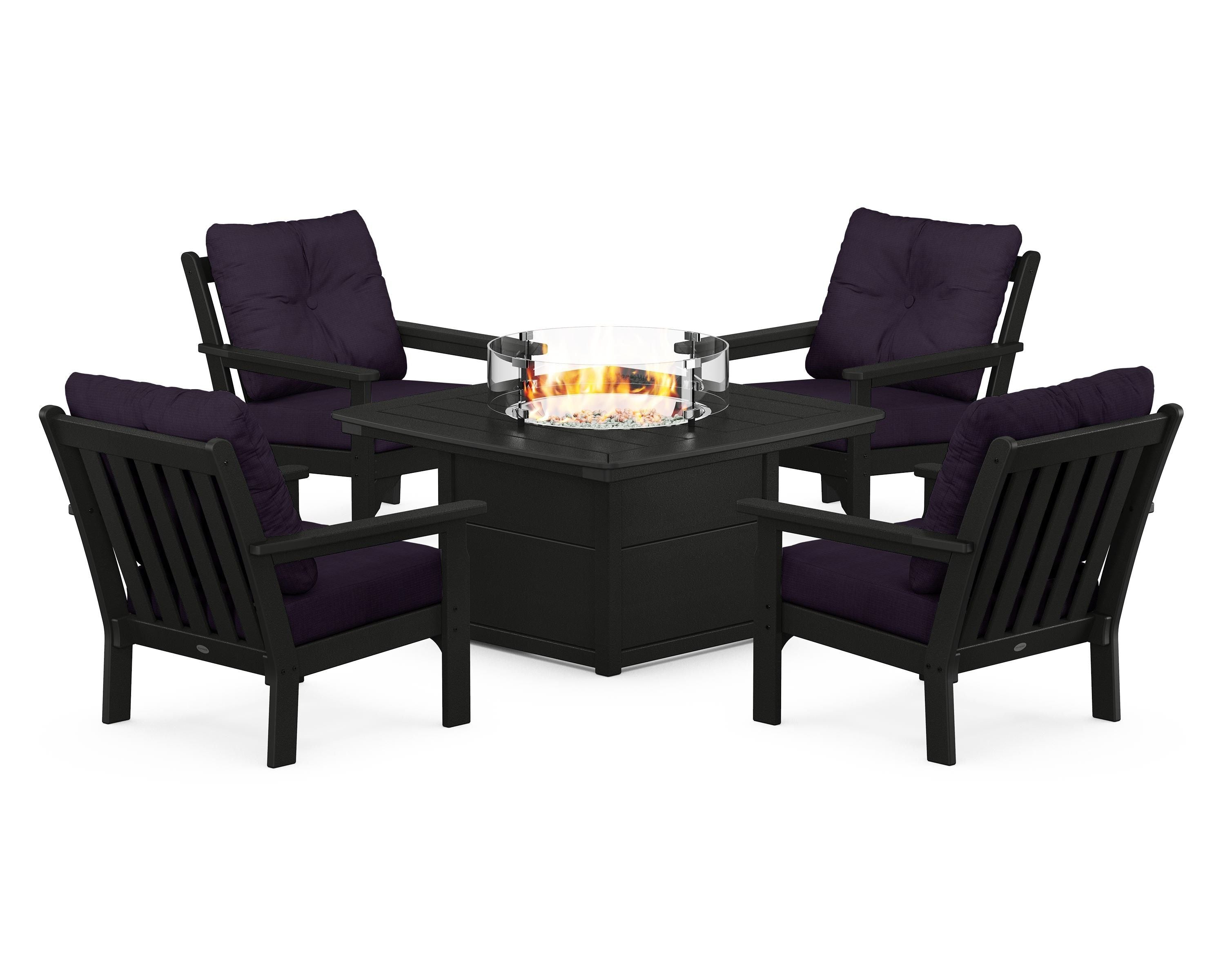 POLYWOOD® Vineyard 5-Piece Conversation Set with Fire Pit Table in Black / Navy Linen