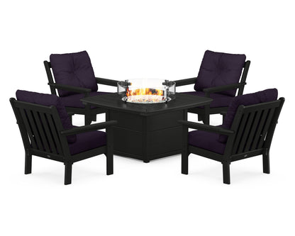 POLYWOOD® Vineyard 5-Piece Conversation Set with Fire Pit Table in Black / Navy Linen