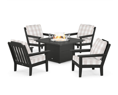 Country Living Cottage 5-Piece Deep Seating Set with Fire Pit Table in Black / Buffalo Plaid Dune Burlap