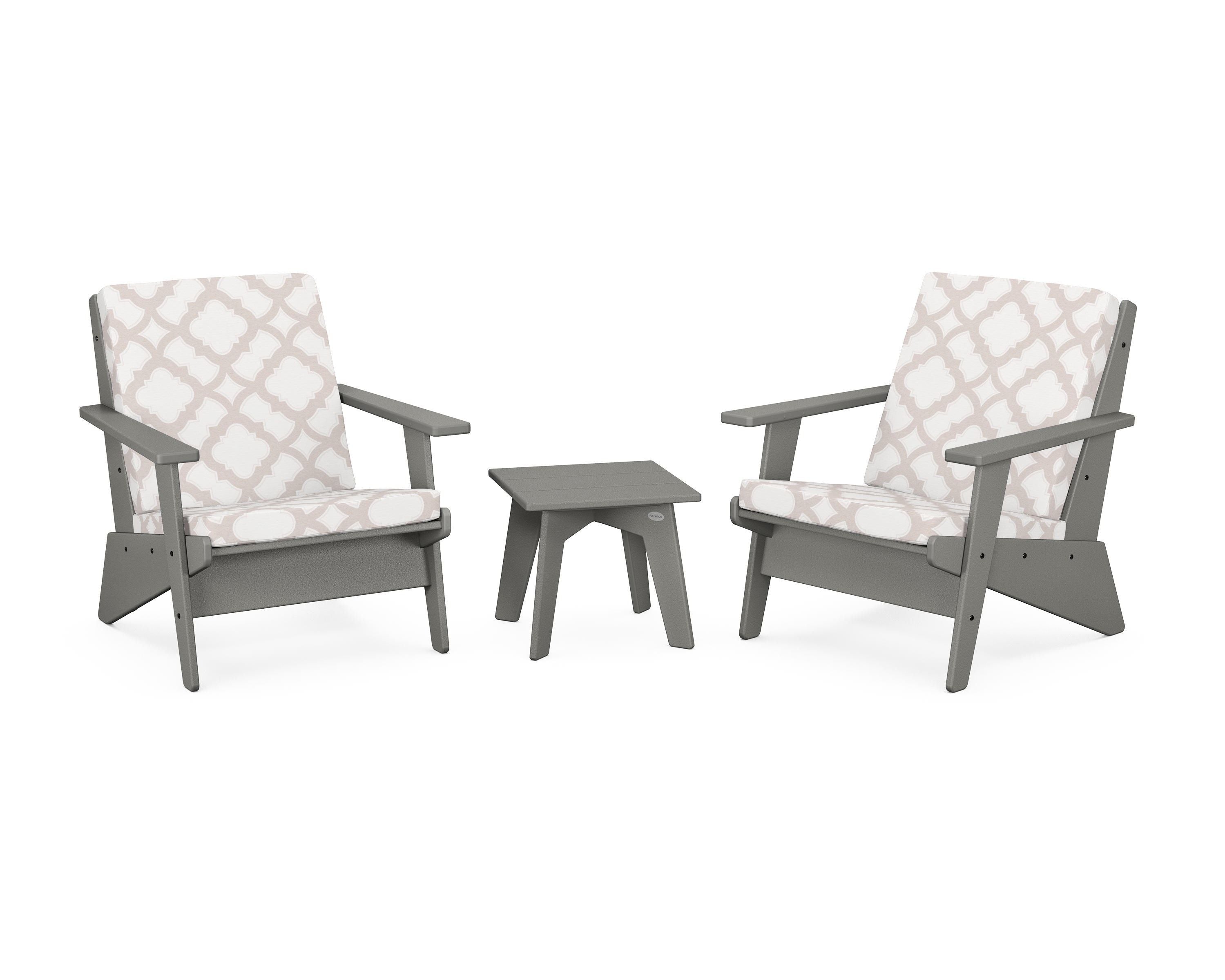POLYWOOD® Riviera Modern Lounge 3-Piece Set in Slate Grey / Trellis Dune Burlap
