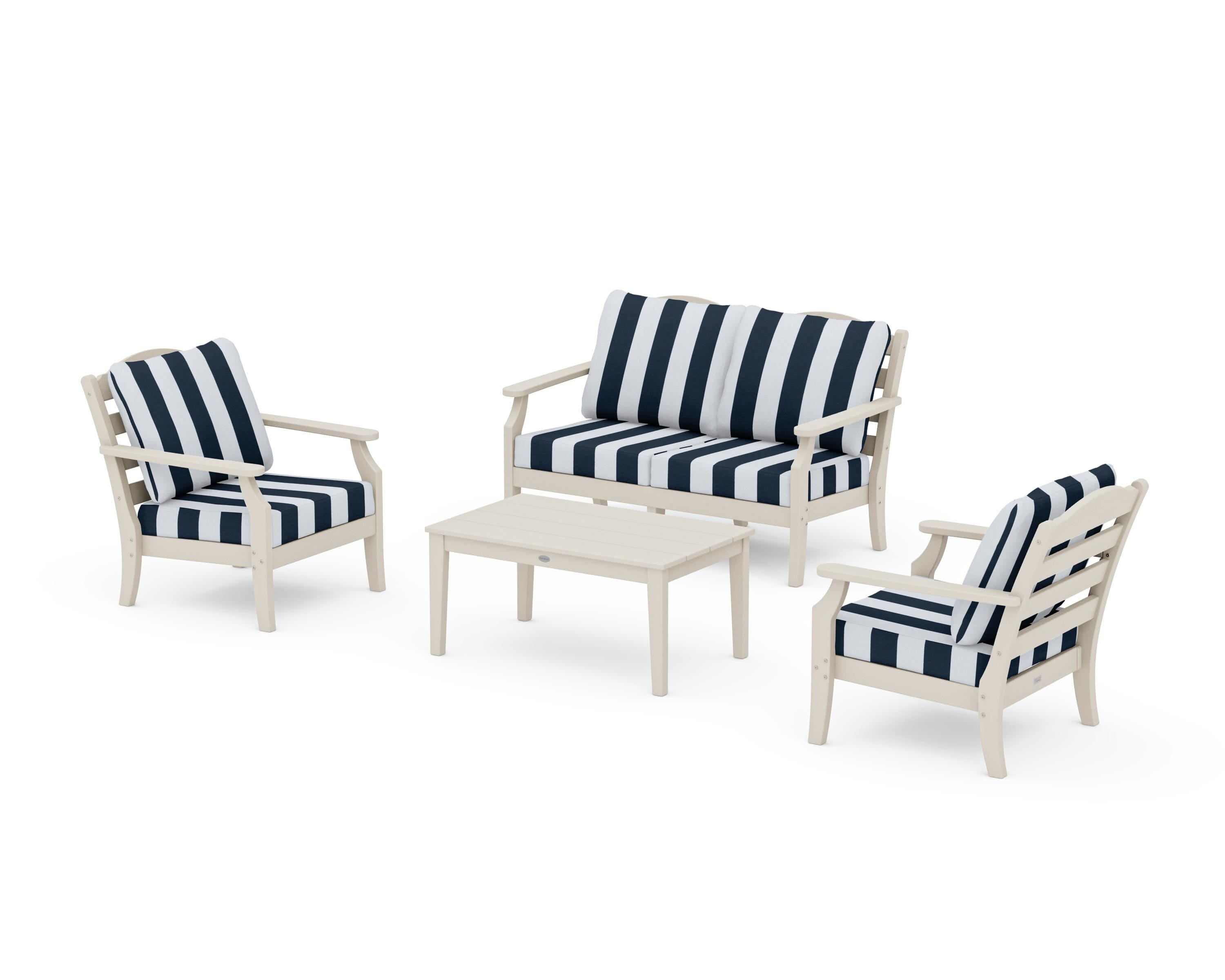 Draper James™ by  POLYWOOD® Savannah 4-Piece Deep Seating Set with Loveseat in Sand / Cabana Stripe Marine Indigo