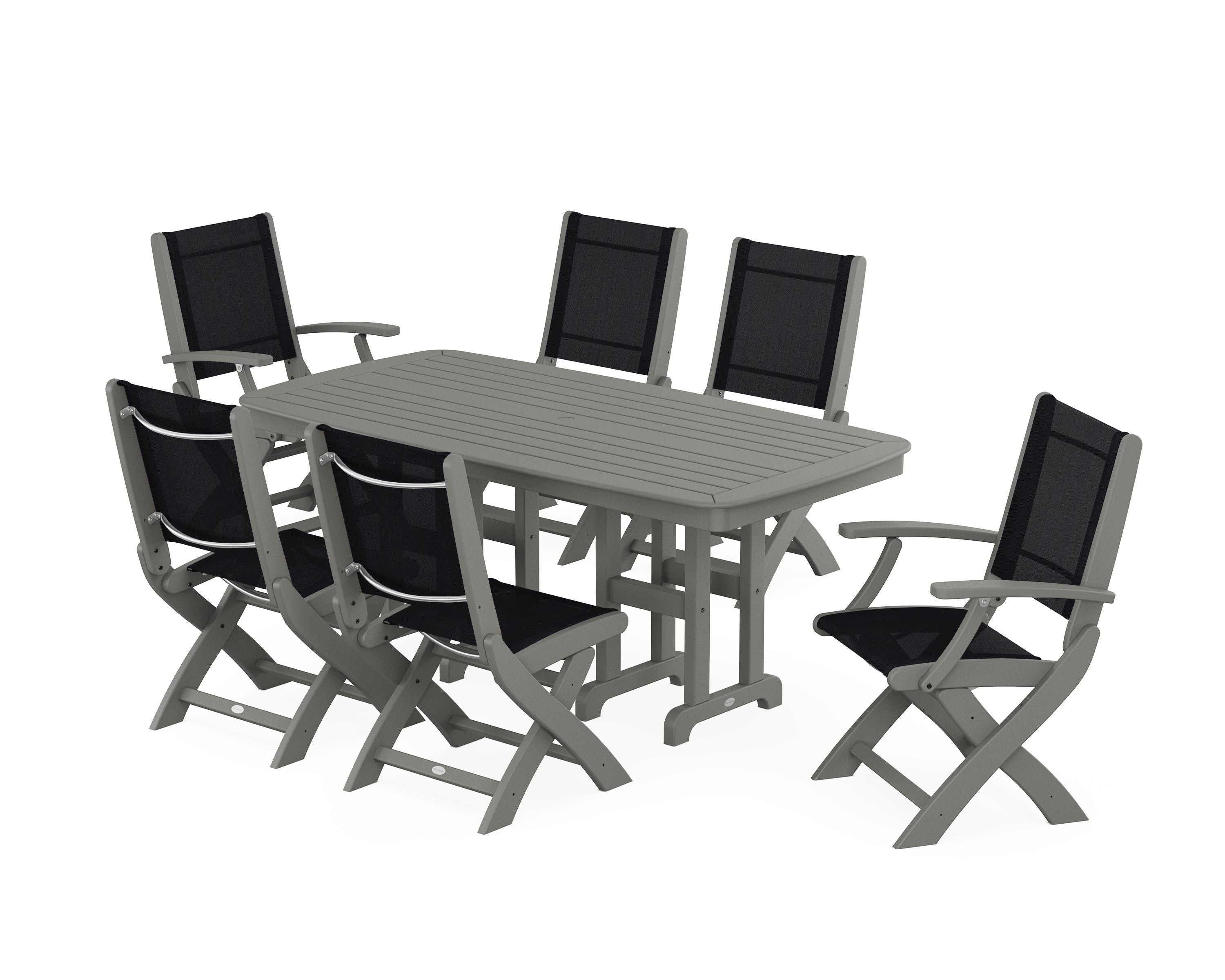 POLYWOOD® Coastal Folding Chair 7-Piece Dining Set in Slate Grey / Black Sling