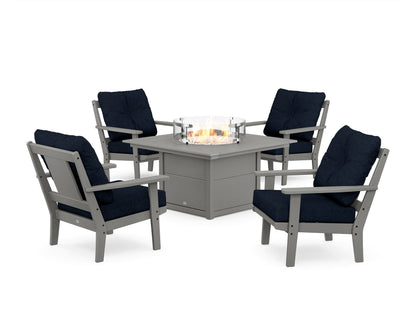 POLYWOOD® Prairie 5-Piece Deep Seating Set with Fire Pit Table in Slate Grey / Marine Indigo