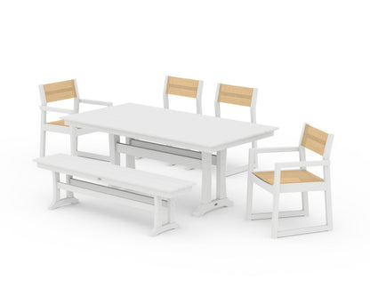 POLYWOOD® EDGE Sling 6-Piece Farmhouse Dining Set With Trestle Legs in White / Dupioni Apricot Sling