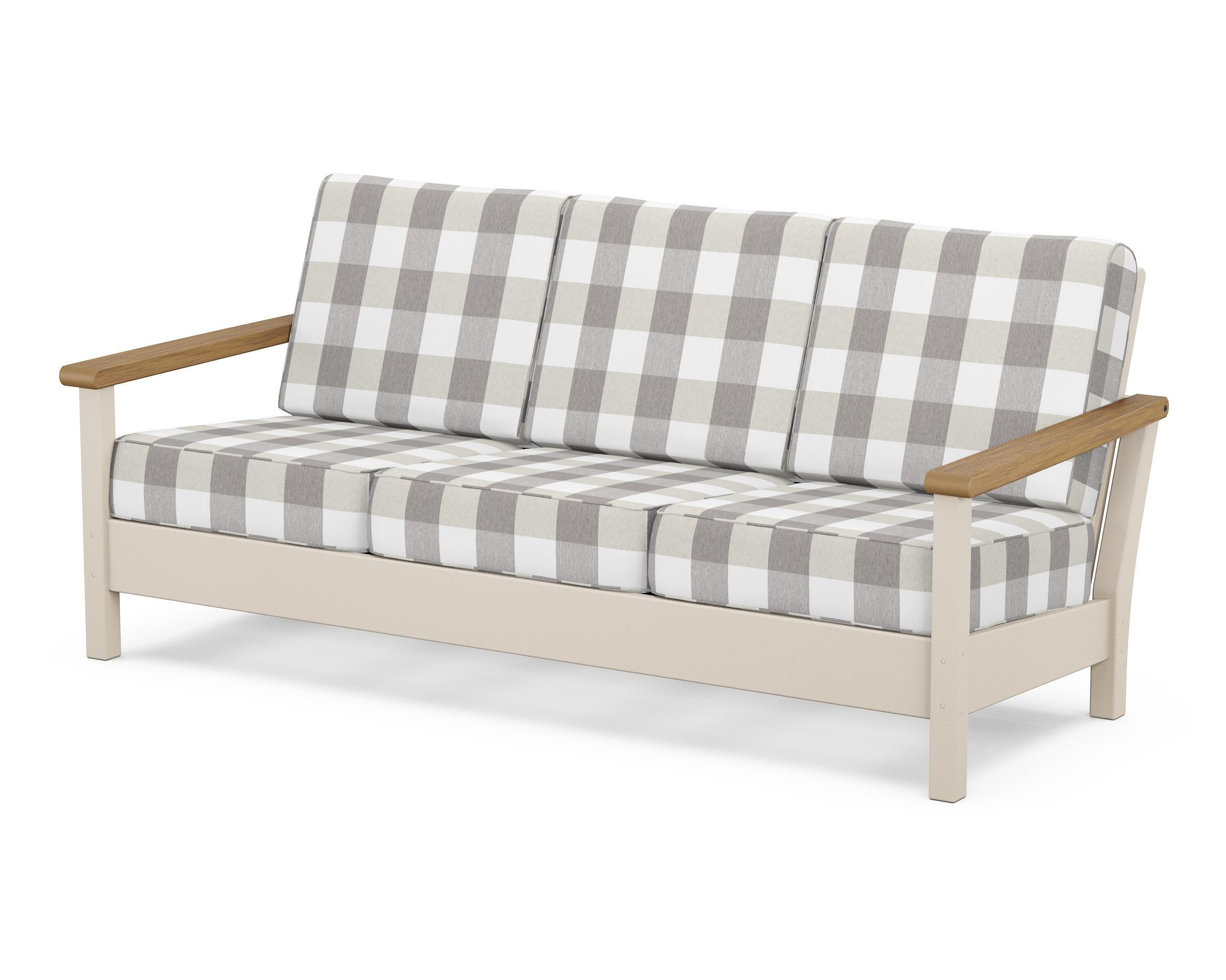 POLYWOOD® Harbour Deep Seating Sofa in Sand / Natural / Buffalo Plaid Grey Mist