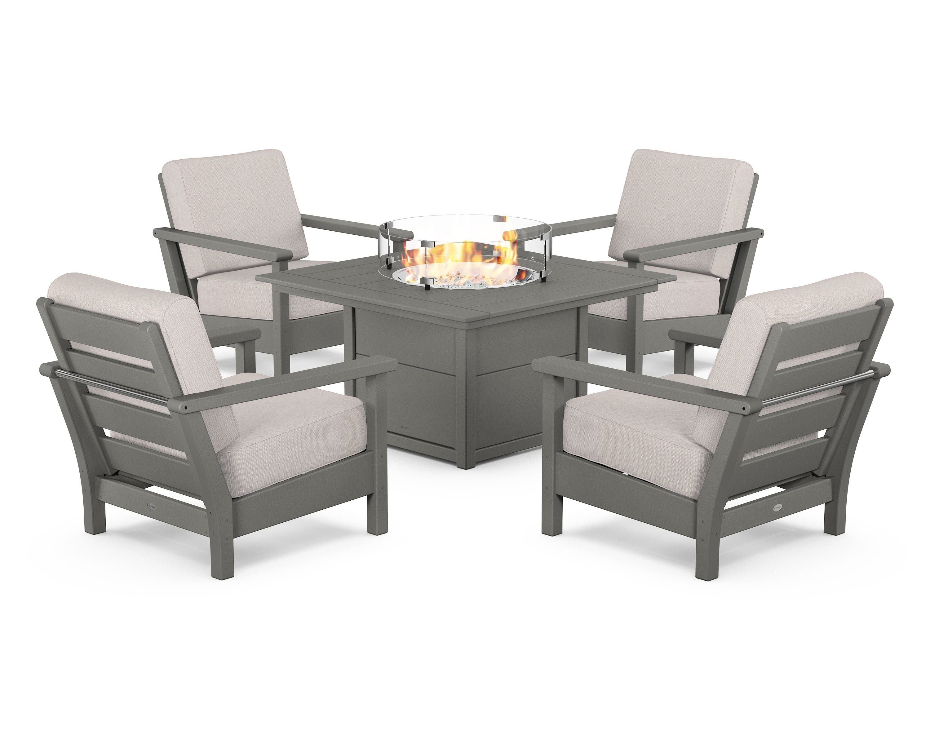 POLYWOOD® Harbour 5-Piece Conversation Set with Fire Pit Table in Slate Grey / Dune Burlap