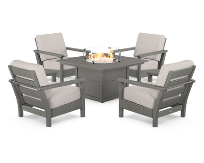 POLYWOOD® Harbour 5-Piece Conversation Set with Fire Pit Table in Slate Grey / Dune Burlap