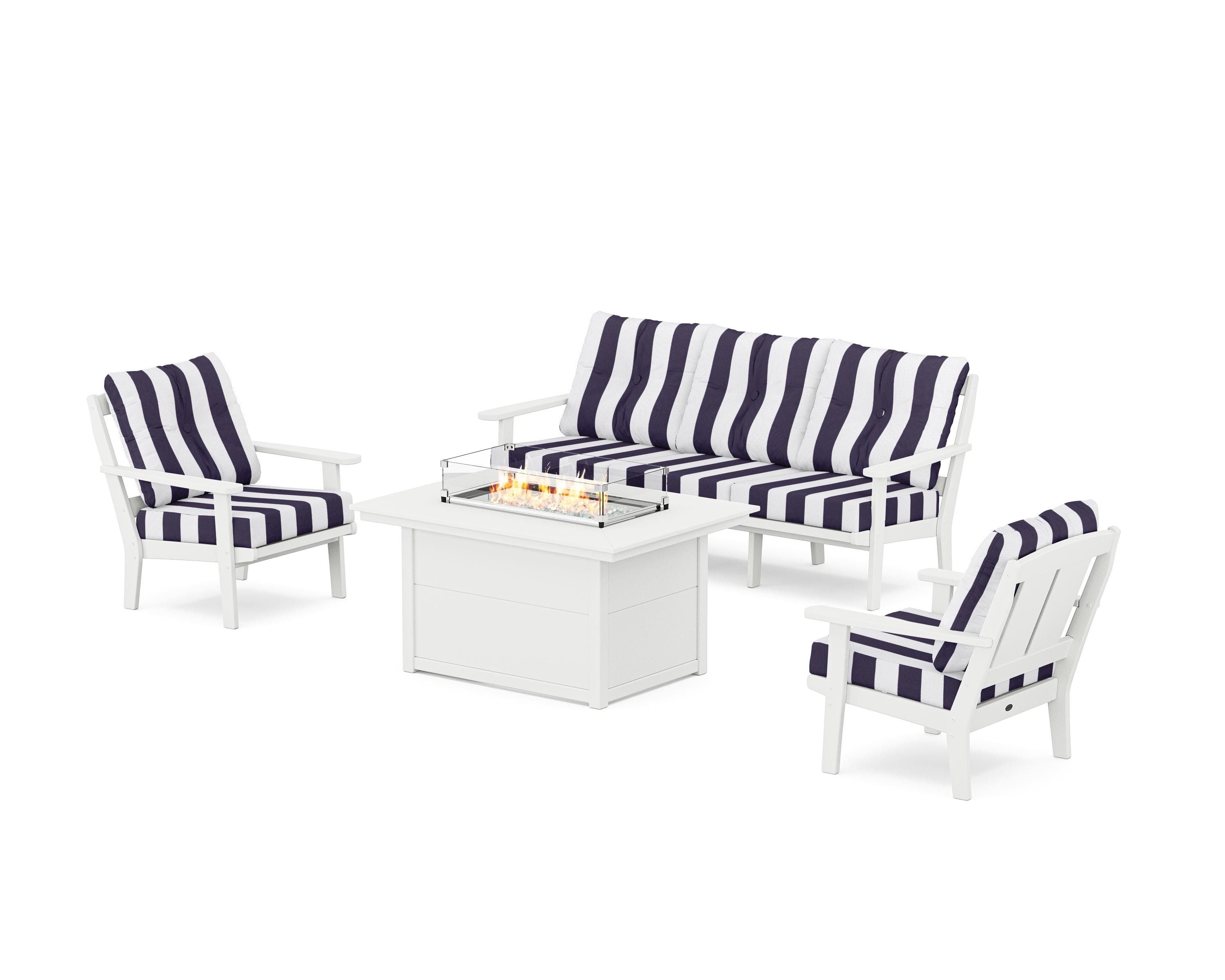 POLYWOOD® Mission Deep Seating Fire Pit Table Set in White / Cabana Stripe Navy