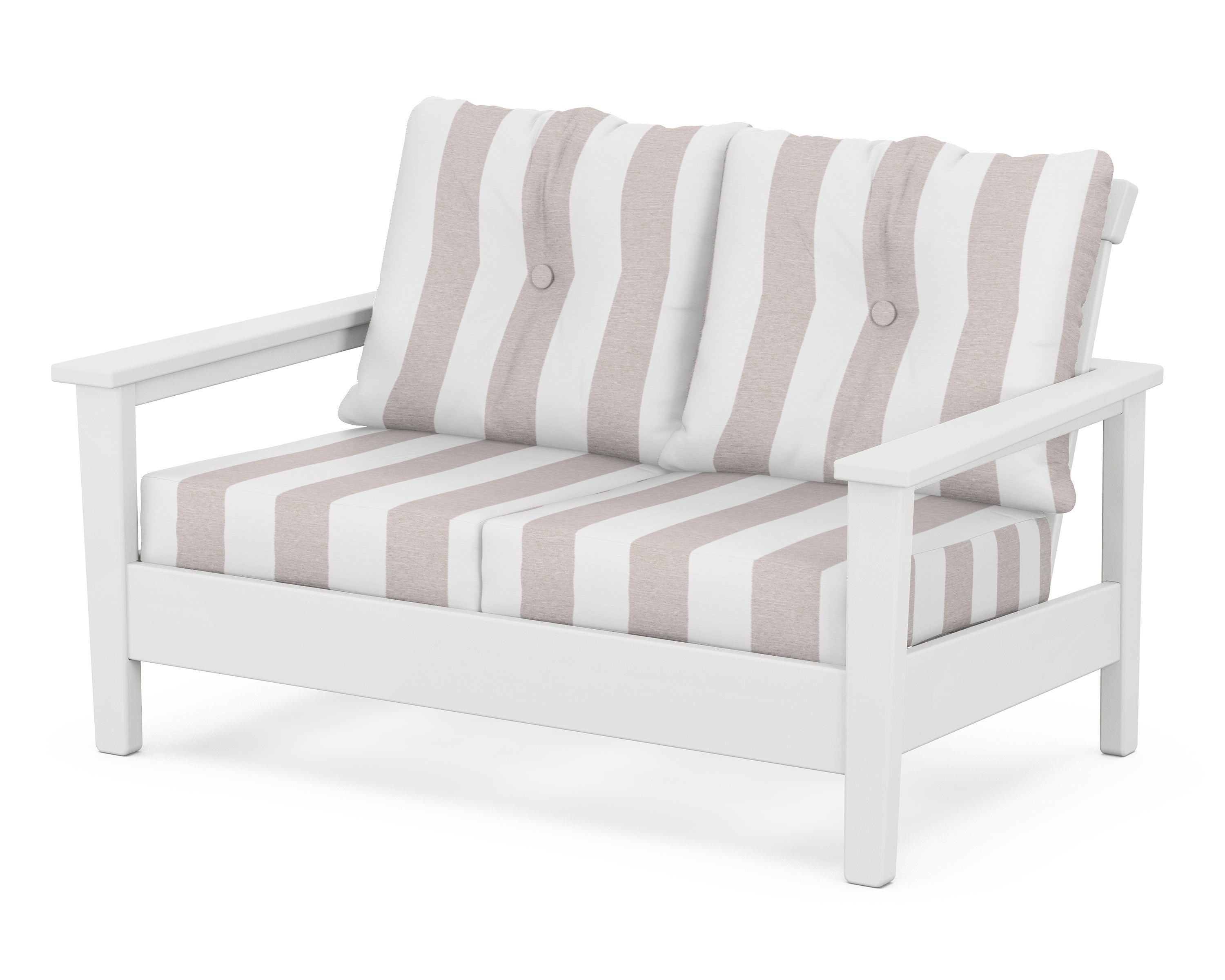 POLYWOOD® Prescott Deep Seating Loveseat in White / Cabana Stripe Dune Burlap