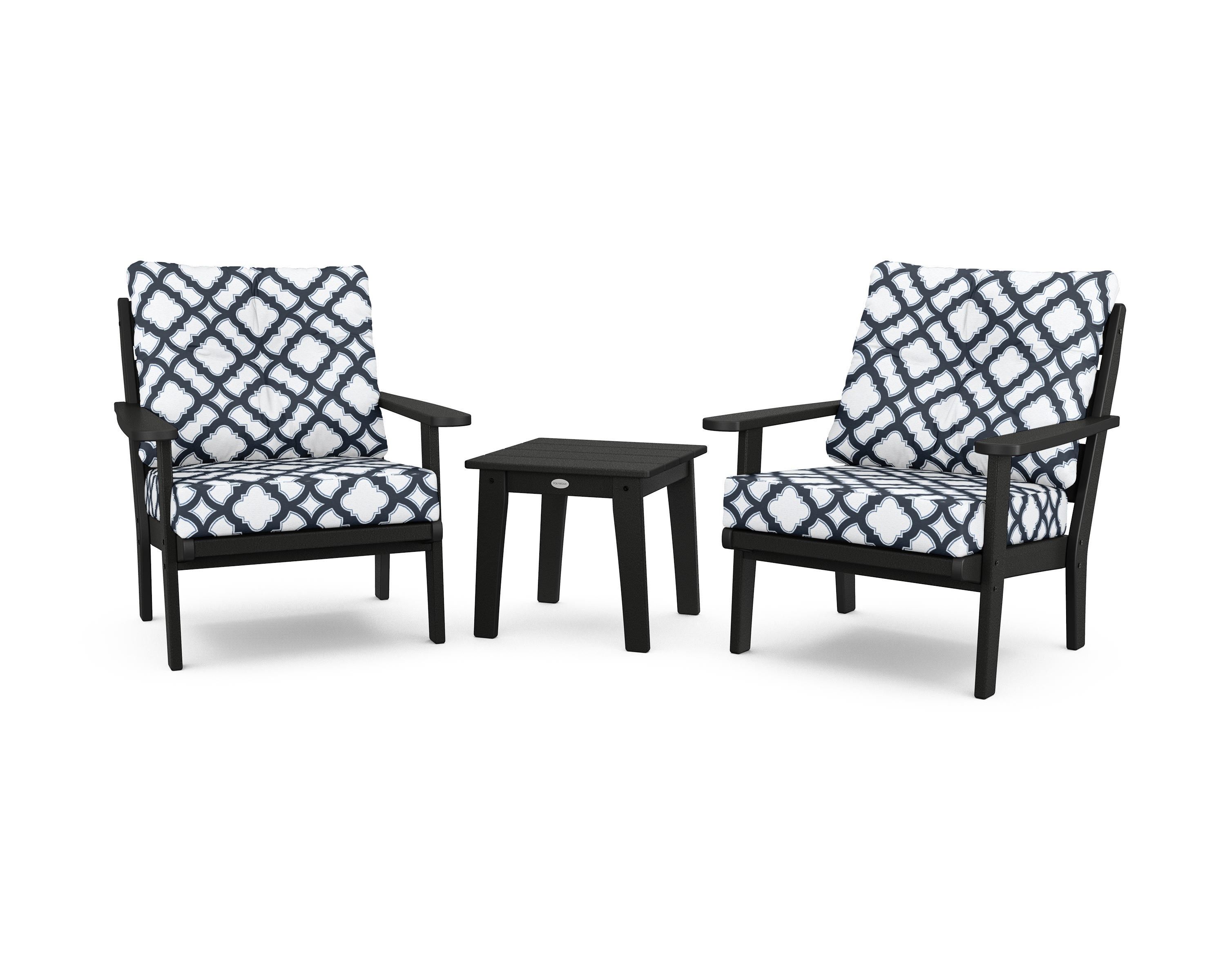 POLYWOOD® Lakeside 3-Piece Deep Seating Chair Set in Black / Trellis Marine Indigo