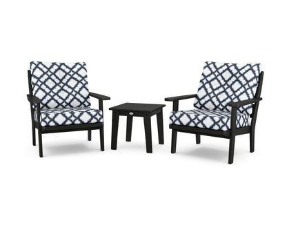 POLYWOOD® Lakeside 3-Piece Deep Seating Chair Set in Black / Trellis Marine Indigo
