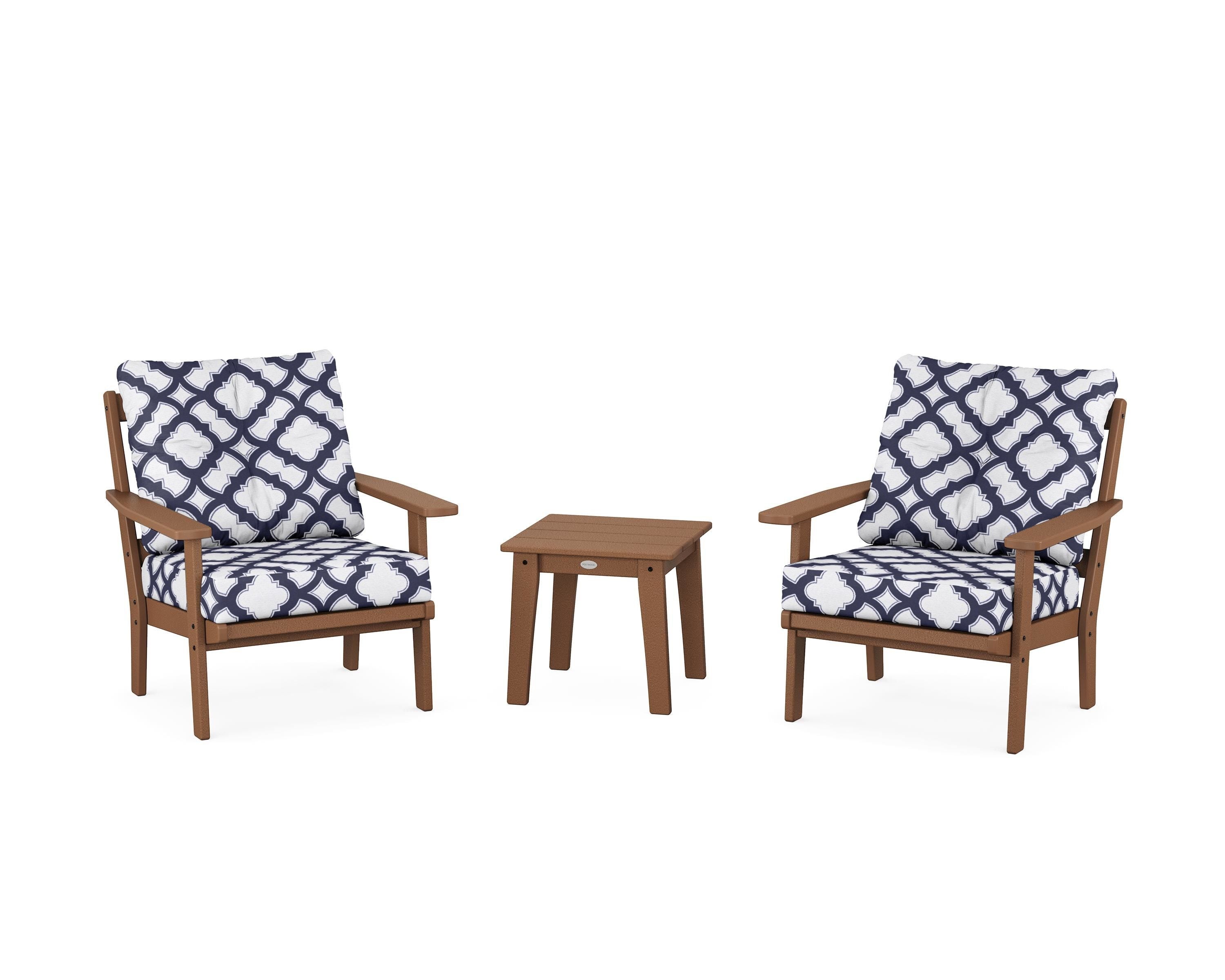 POLYWOOD® Oxford 3-Piece Deep Seating Set in Teak / Trellis Navy