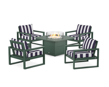 POLYWOOD® EDGE Sectional 5-Piece Deep Seating Set with Fire Pit Table in Green / Cabana Stripe Navy