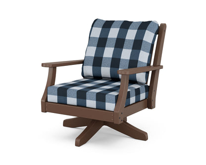 Country Living Wovendale Deep Seating Swivel Chair in Mahogany / Buffalo Plaid Marine Indigo