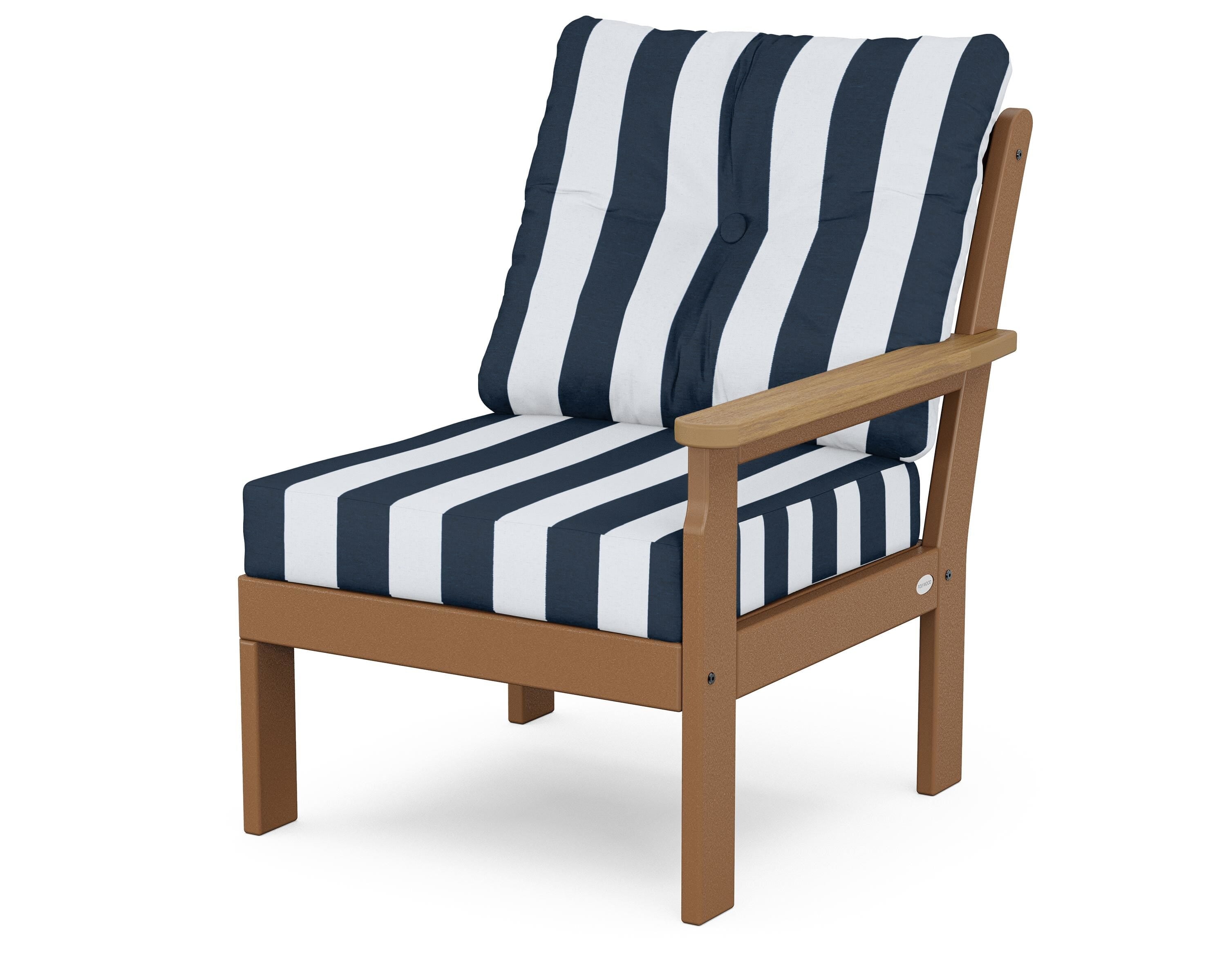 POLYWOOD® Vineyard Modular Right Arm Chair in Teak / Natural / Cabana Stripe Marine Indigo