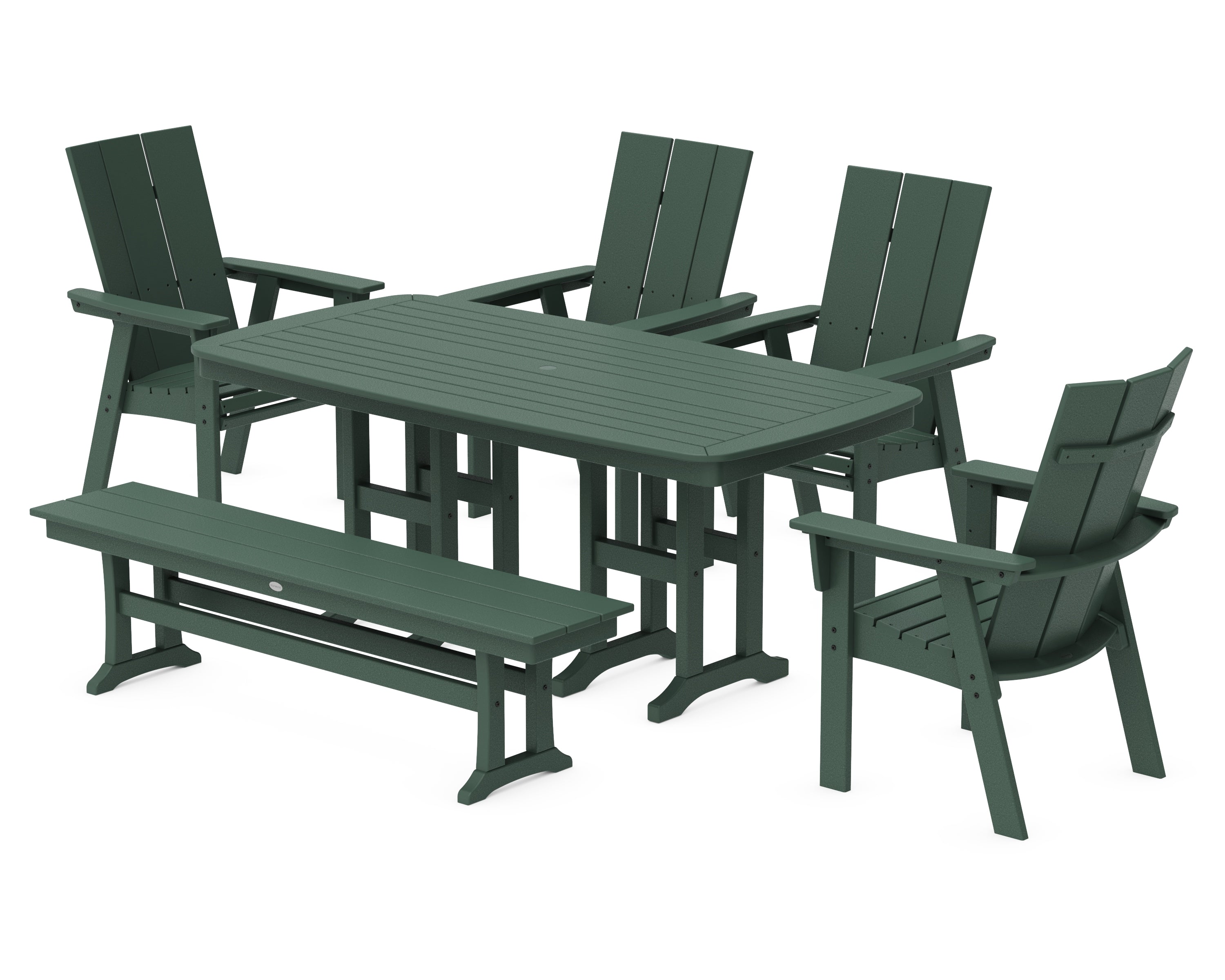 POLYWOOD® Modern Curveback Adirondack 6-Piece Dining Set with Bench in Green