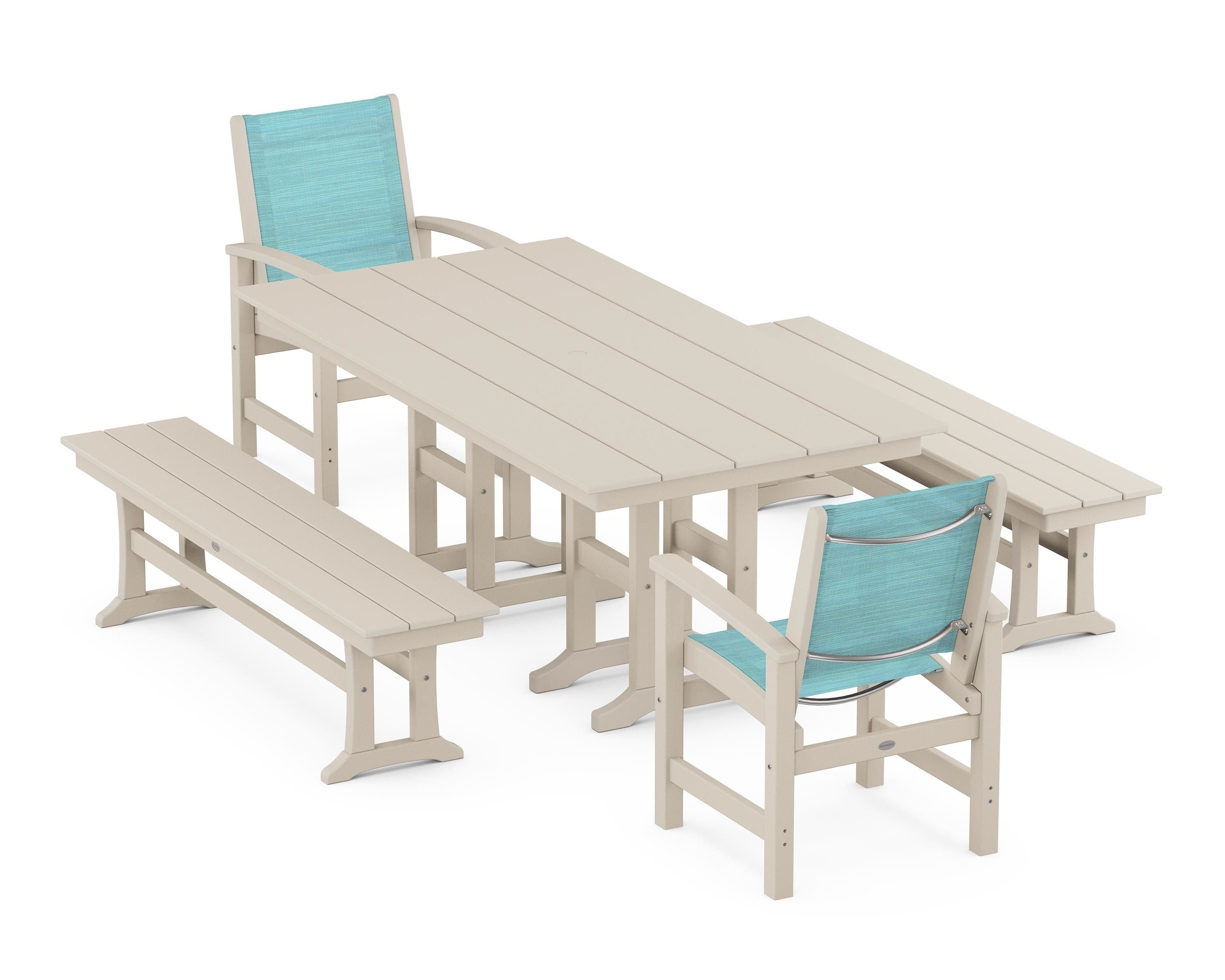 POLYWOOD® Coastal 5-Piece Farmhouse Dining Set in Sand / Dupioni Aquamarine Sling