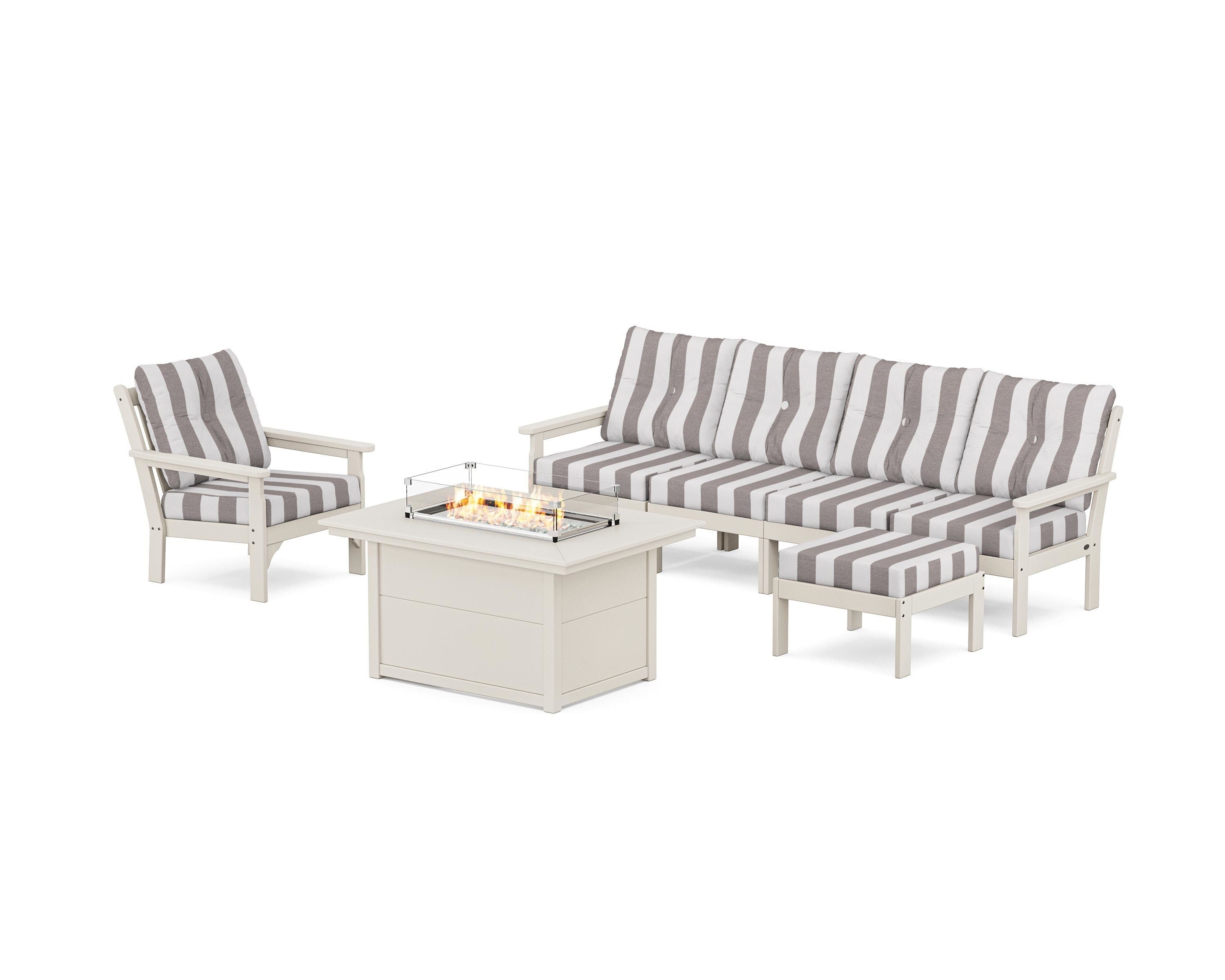 POLYWOOD® Vineyard Sectional Lounge and Fire Pit Set in Sand / Cabana Stripe Grey Mist