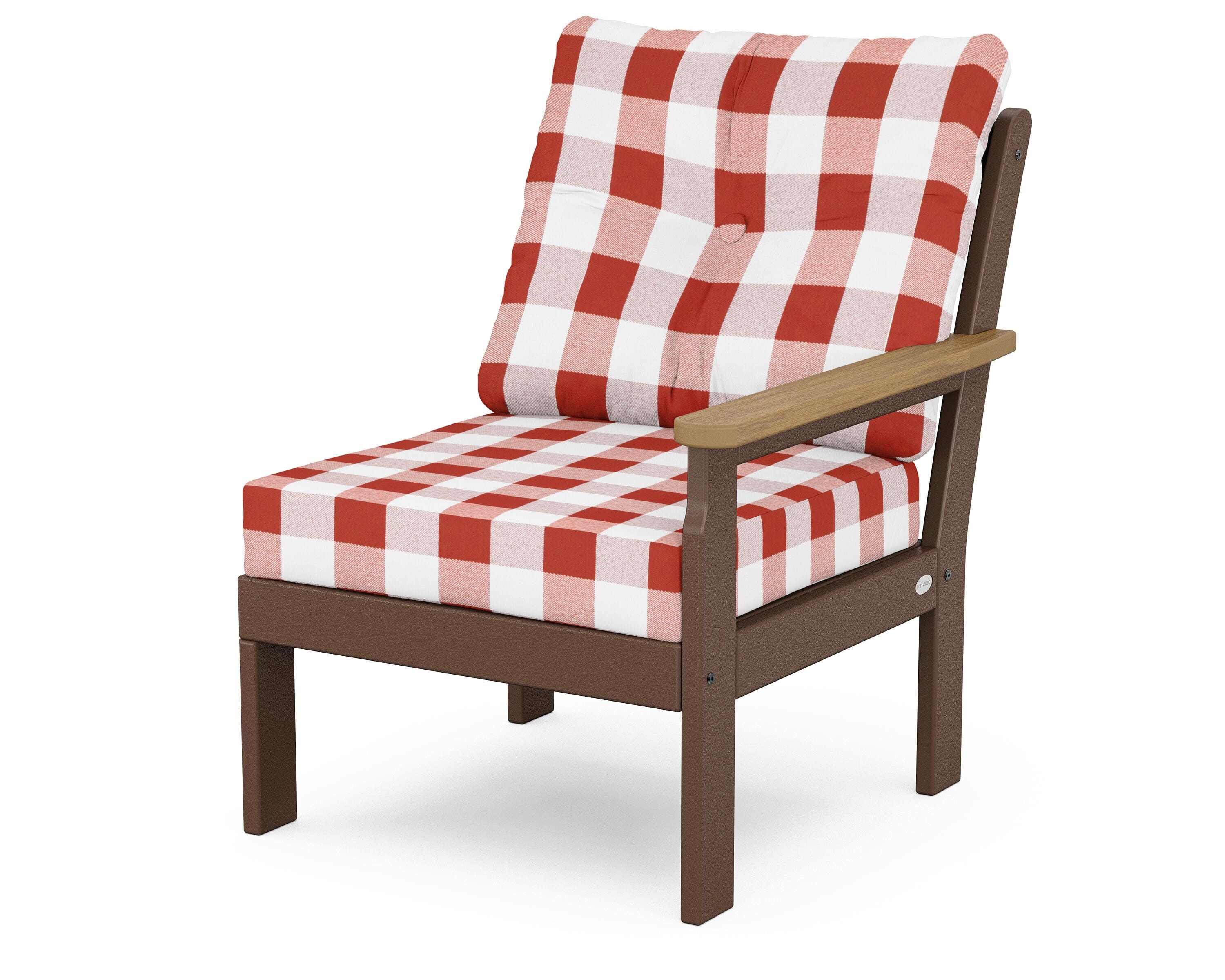 POLYWOOD® Vineyard Modular Right Arm Chair in Mahogany / Natural / Buffalo Plaid Crimson
