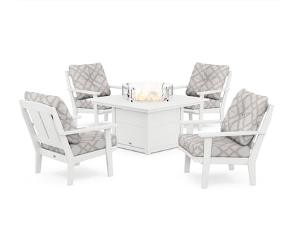 POLYWOOD® Mission 5-Piece Deep Seating Set with Fire Pit Table in White / Trellis Dune Burlap