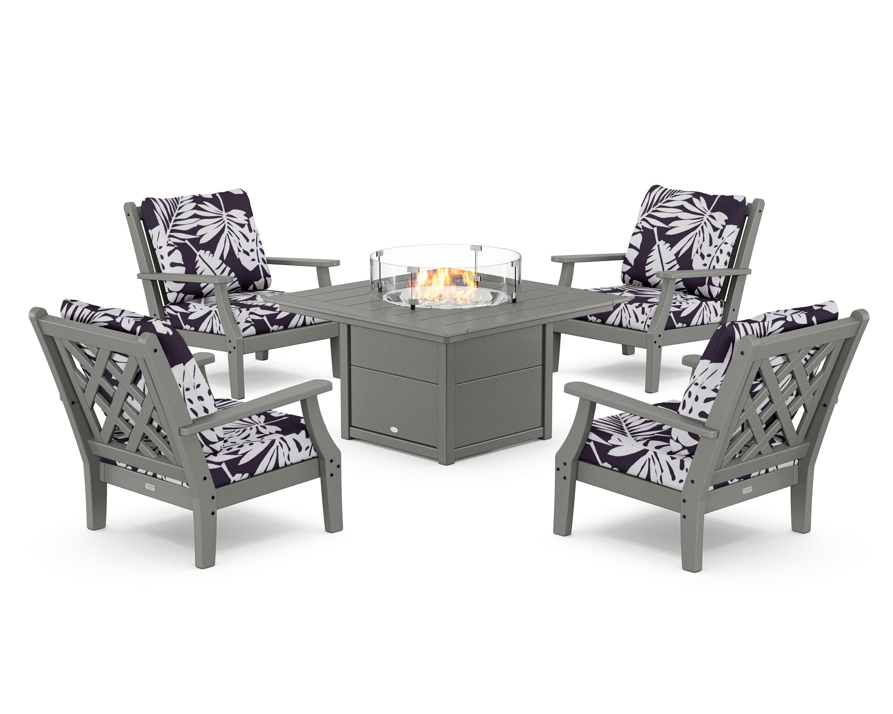 Country Living Wovendale 5-Piece Deep Seating Set with Fire Pit Table in Slate Grey / Leaf Navy