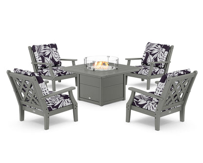 Country Living Wovendale 5-Piece Deep Seating Set with Fire Pit Table in Slate Grey / Leaf Navy