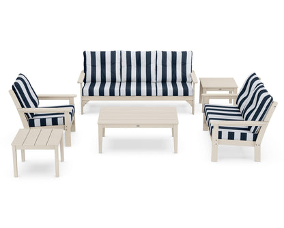 POLYWOOD® Vineyard 6-Piece Deep Seating Set in Sand / Cabana Stripe Marine Indigo