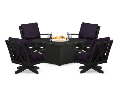 POLYWOOD® Braxton 5-Piece Deep Seating Swivel Conversation Set with Fire Pit Table in Black / Navy Linen
