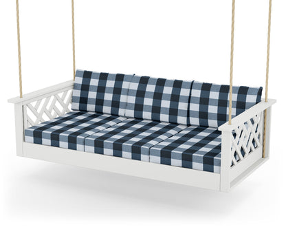 POLYWOOD® Chippendale Daybed Swing in White / Buffalo Plaid Marine Indigo
