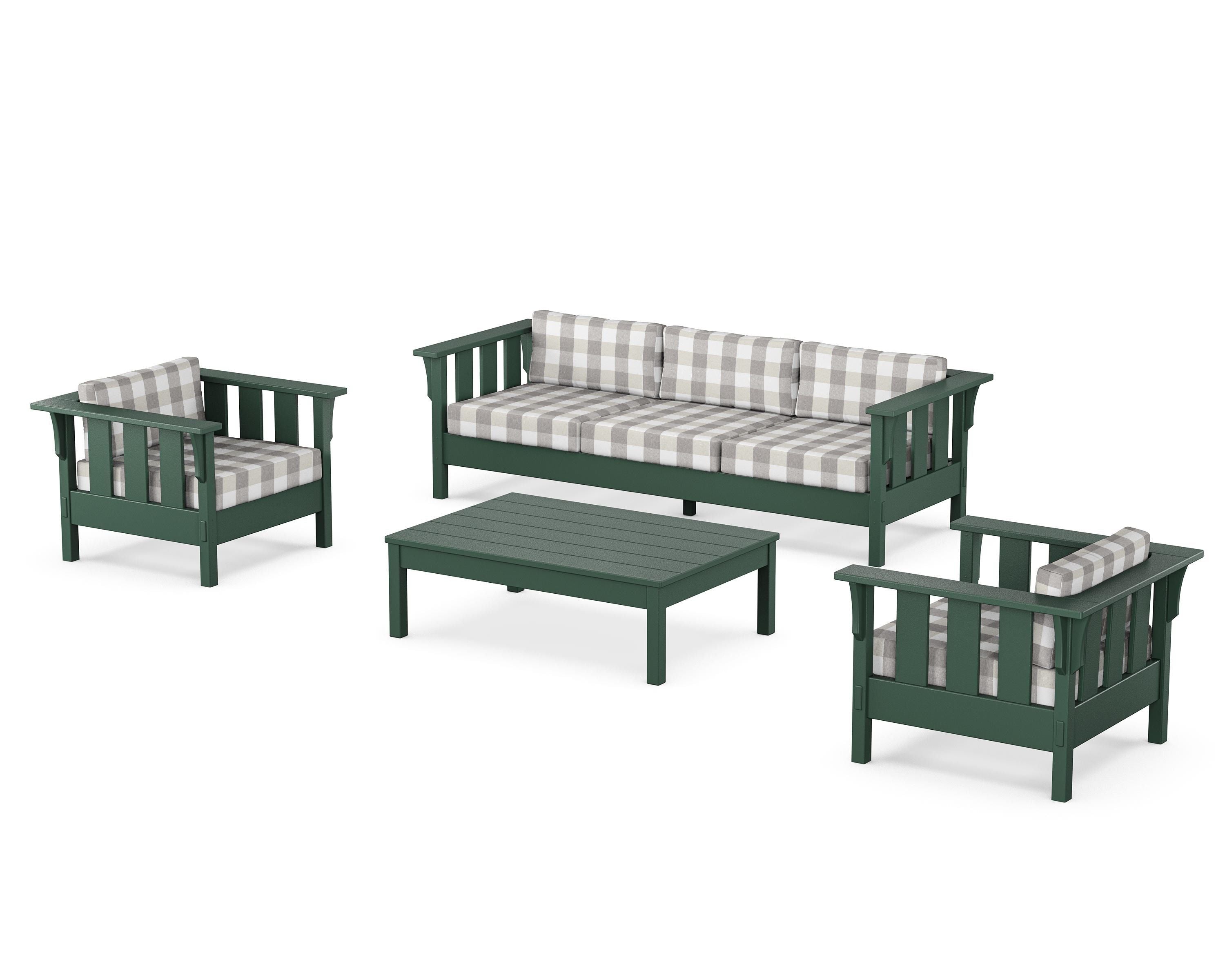 Martha Stewart by POLYWOOD® Acadia 4-Piece Deep Seating Set with Sofa in Green / Buffalo Plaid Grey Mist