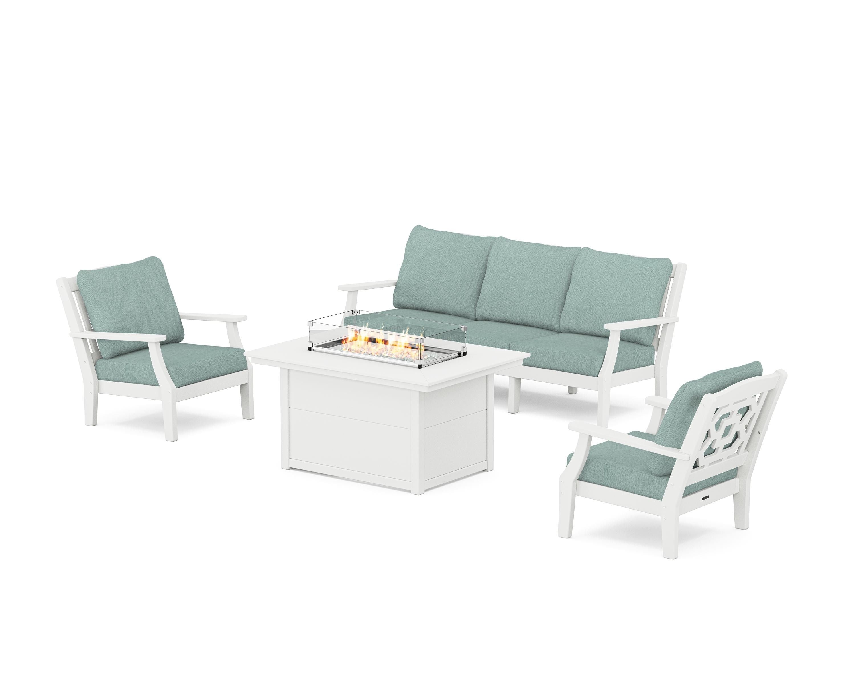 Martha Stewart by POLYWOOD® Chinoiserie Deep Seating Fire Pit Table Set in White / Glacier Spa