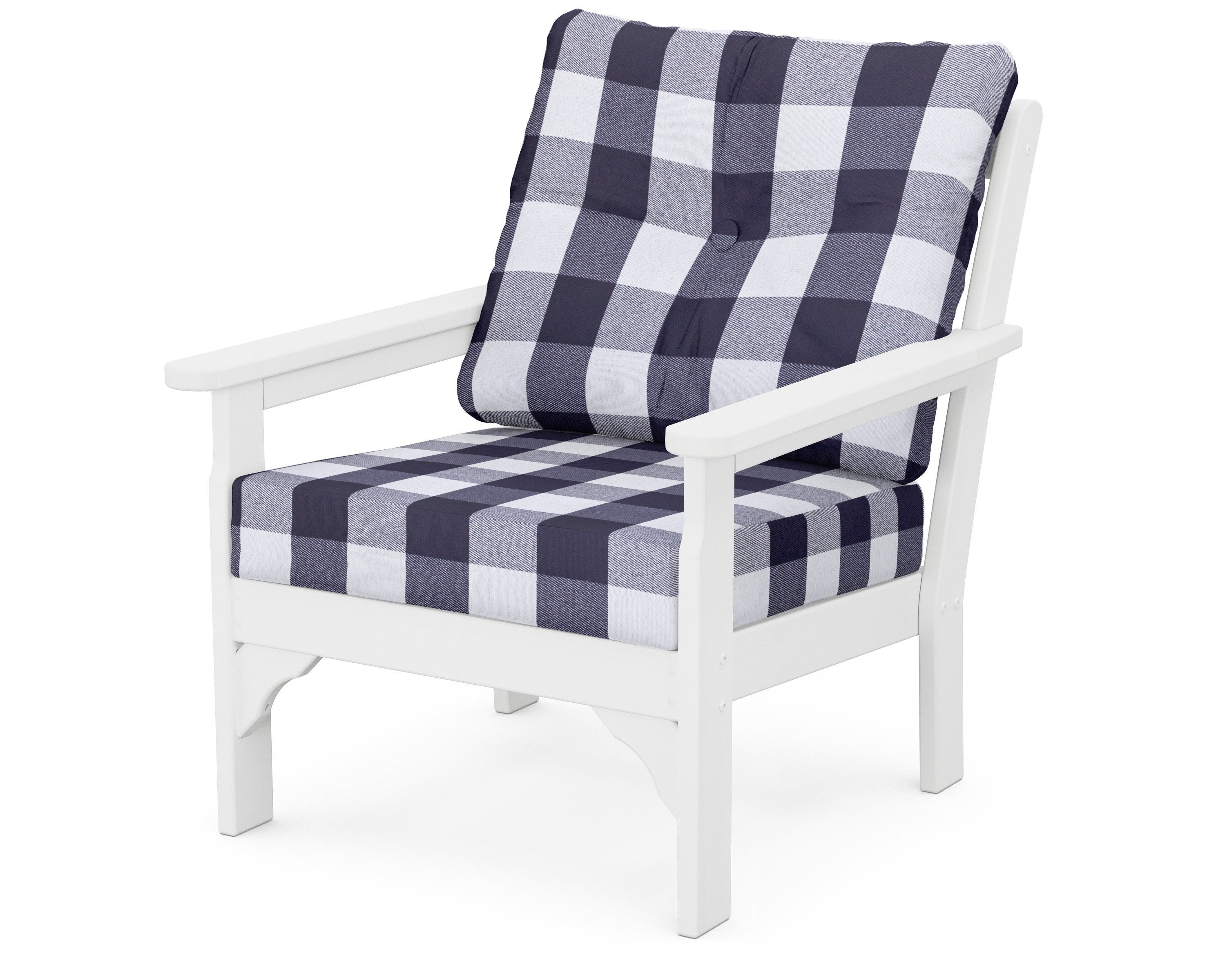 POLYWOOD® Vineyard Deep Seating Chair in White / Buffalo Plaid Navy