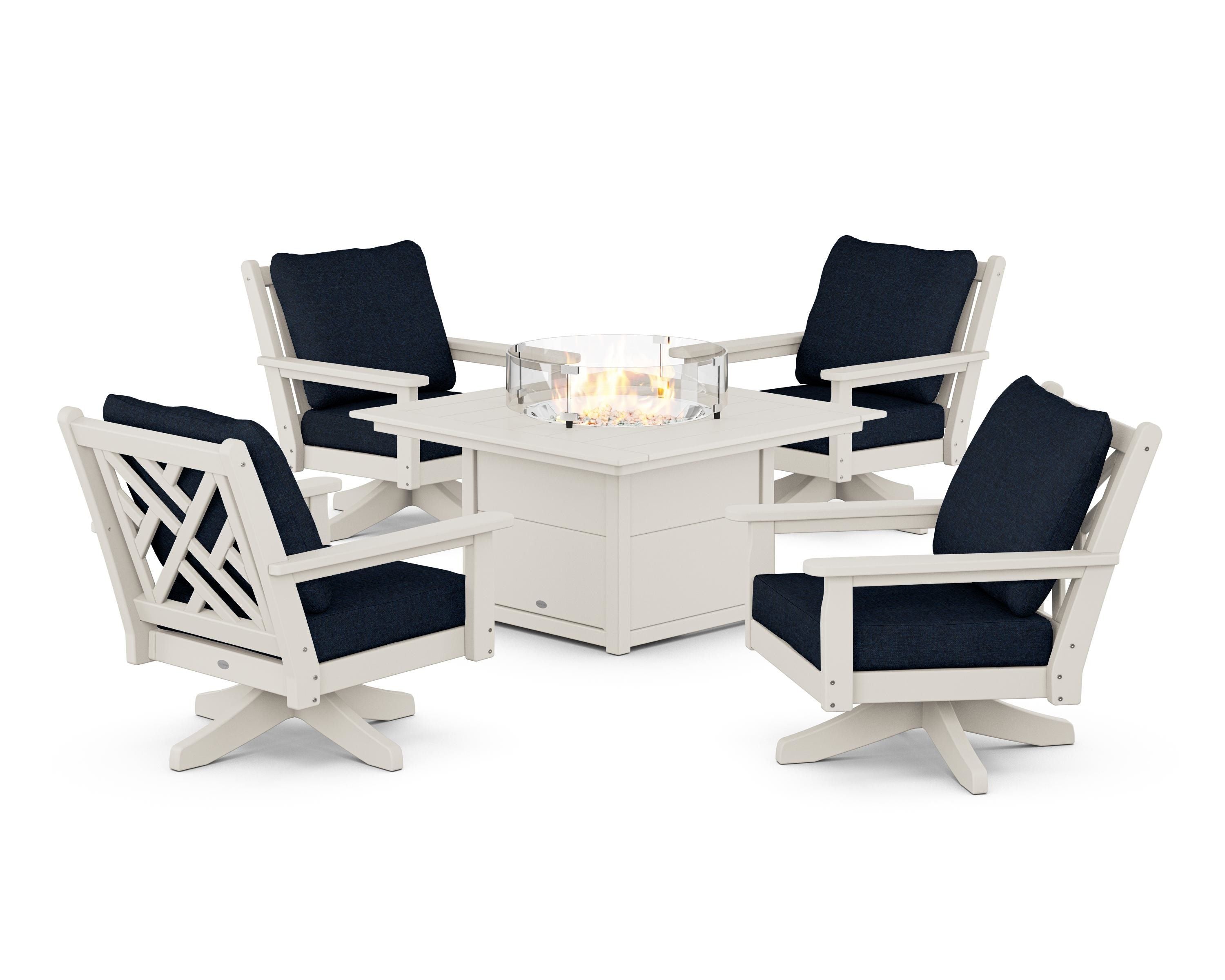 POLYWOOD® Chippendale 5-Piece Deep Seating Swivel Conversation Set with Fire Pit Table in Sand / Marine Indigo