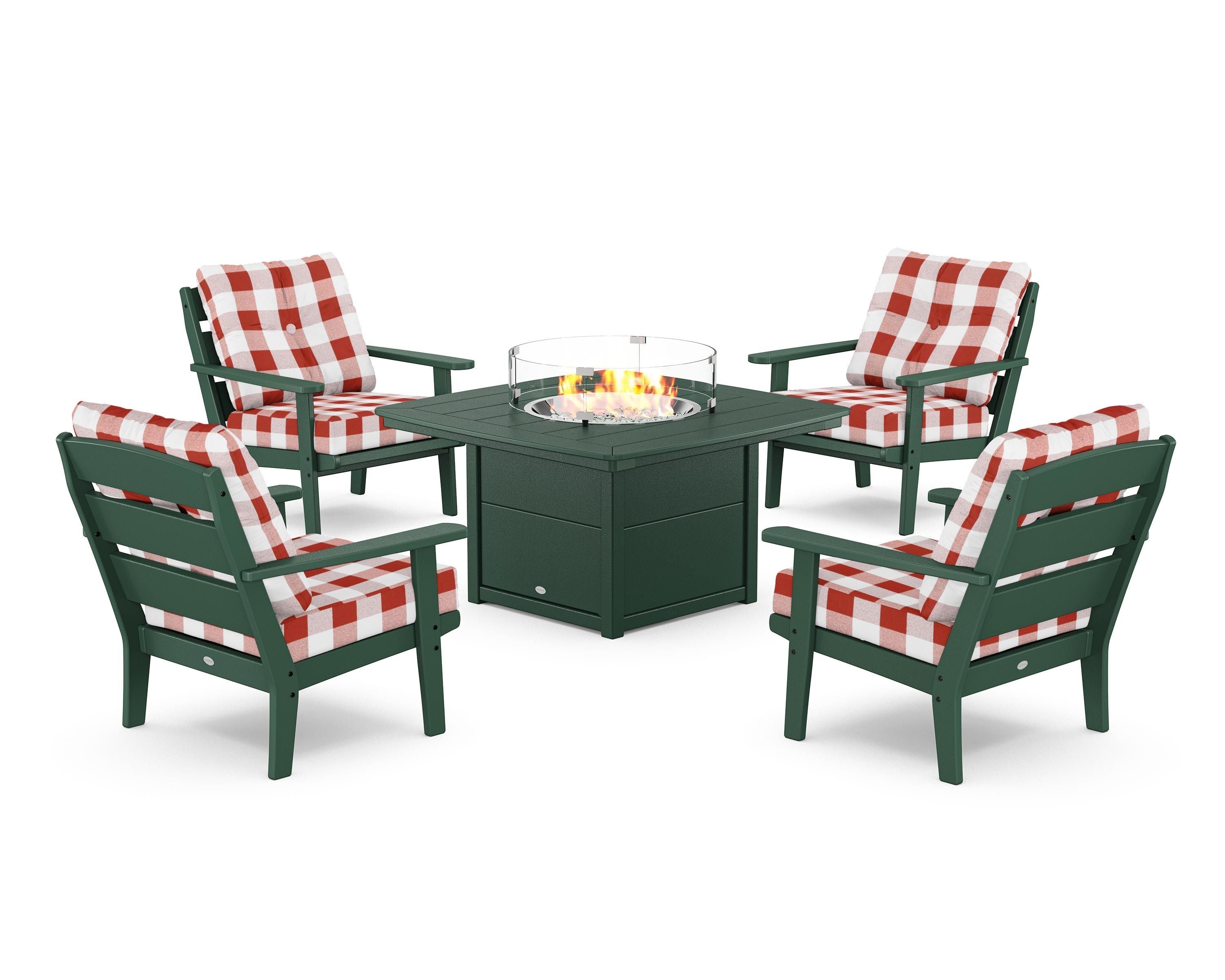 POLYWOOD® Lakeside 5-Piece Deep Seating Set with Nautical Fire Pit Table in Green / Buffalo Plaid Crimson