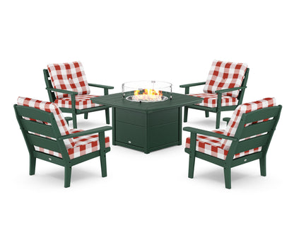 POLYWOOD® Lakeside 5-Piece Deep Seating Set with Nautical Fire Pit Table in Green / Buffalo Plaid Crimson