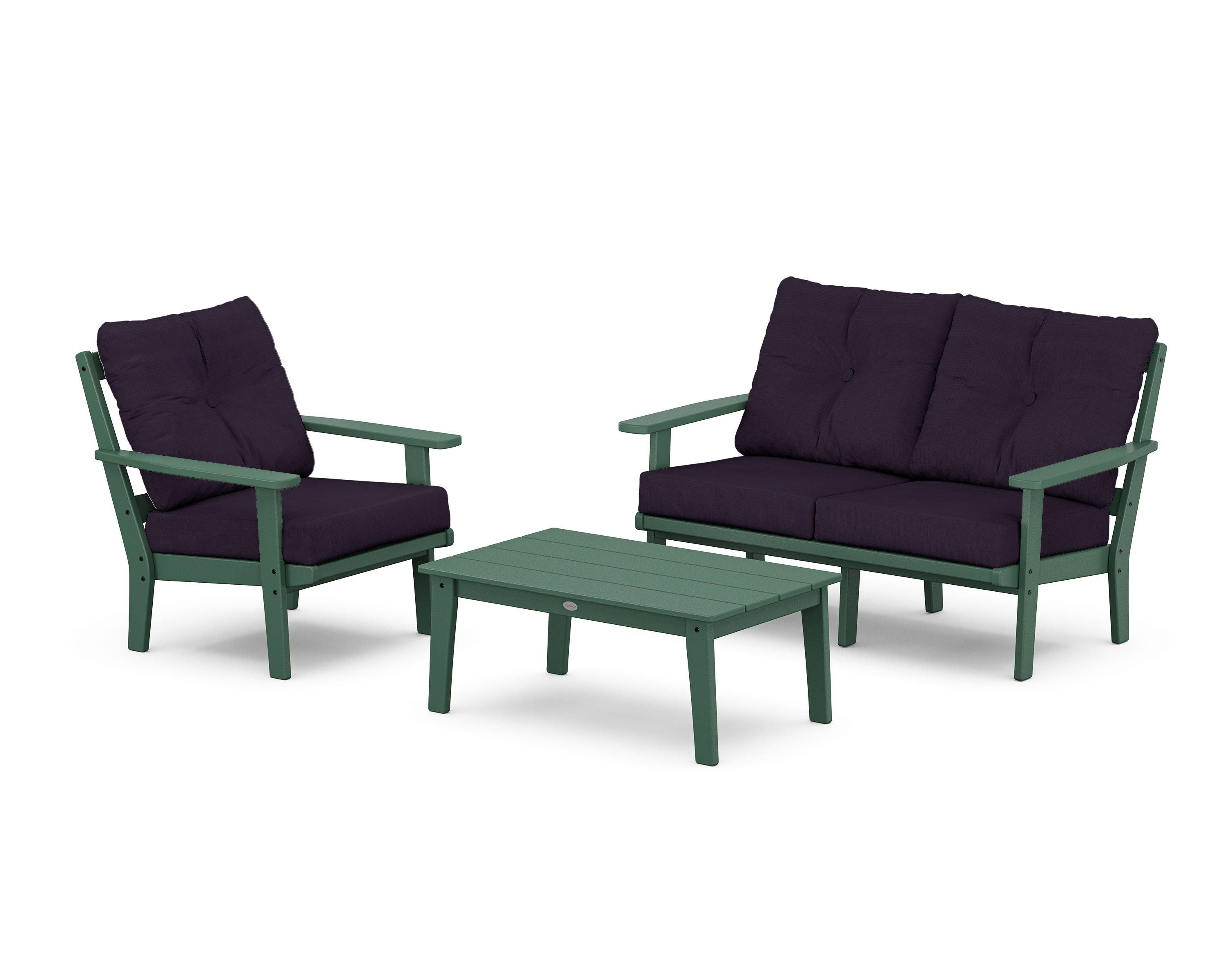 POLYWOOD® Prairie 3-Piece Deep Seating Set with Loveseat in Green / Navy Linen