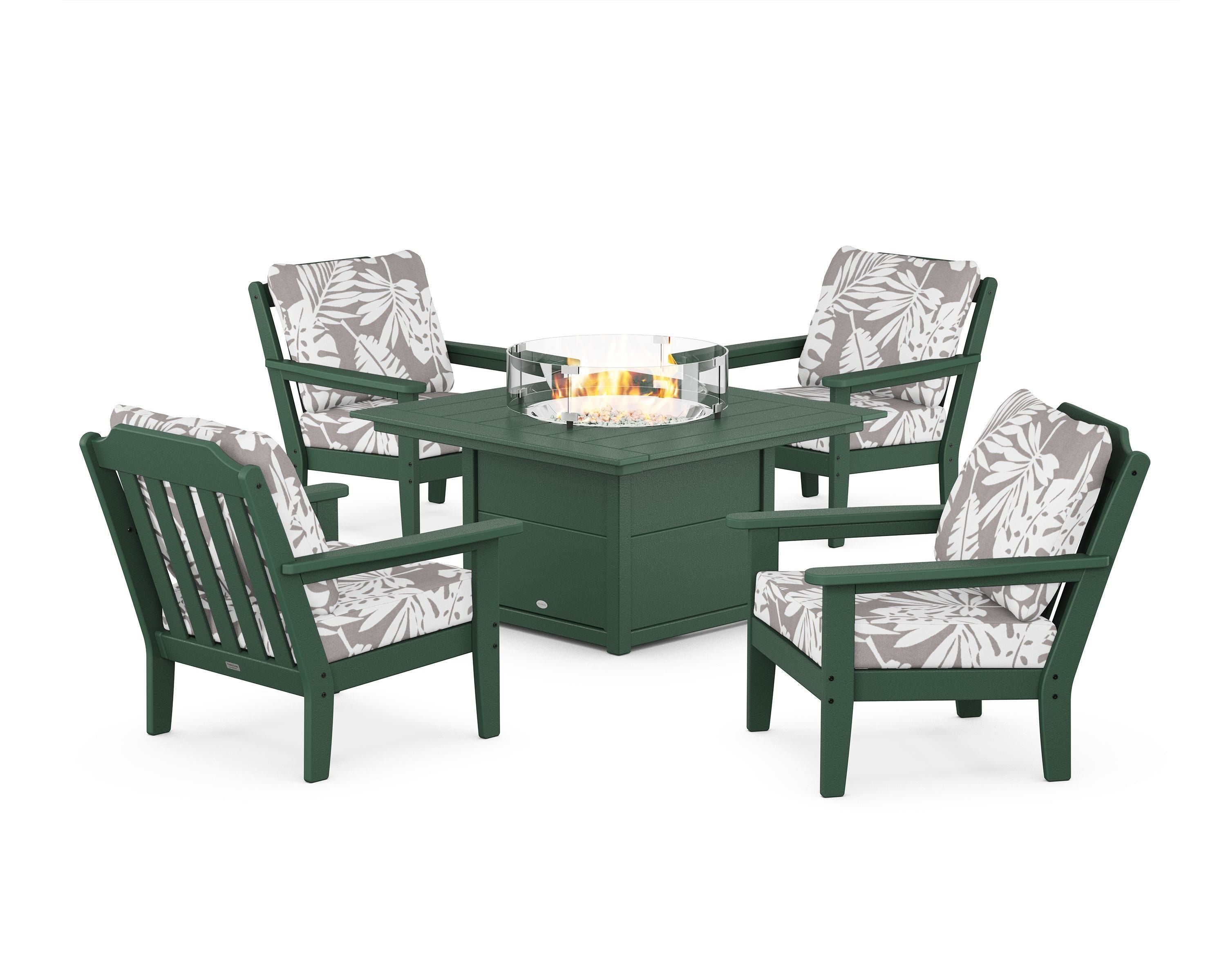 Country Living Cottage 5-Piece Deep Seating Set with Fire Pit Table in Green / Leaf Grey Mist