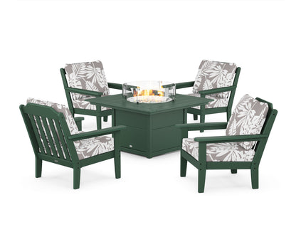 Country Living Cottage 5-Piece Deep Seating Set with Fire Pit Table in Green / Leaf Grey Mist