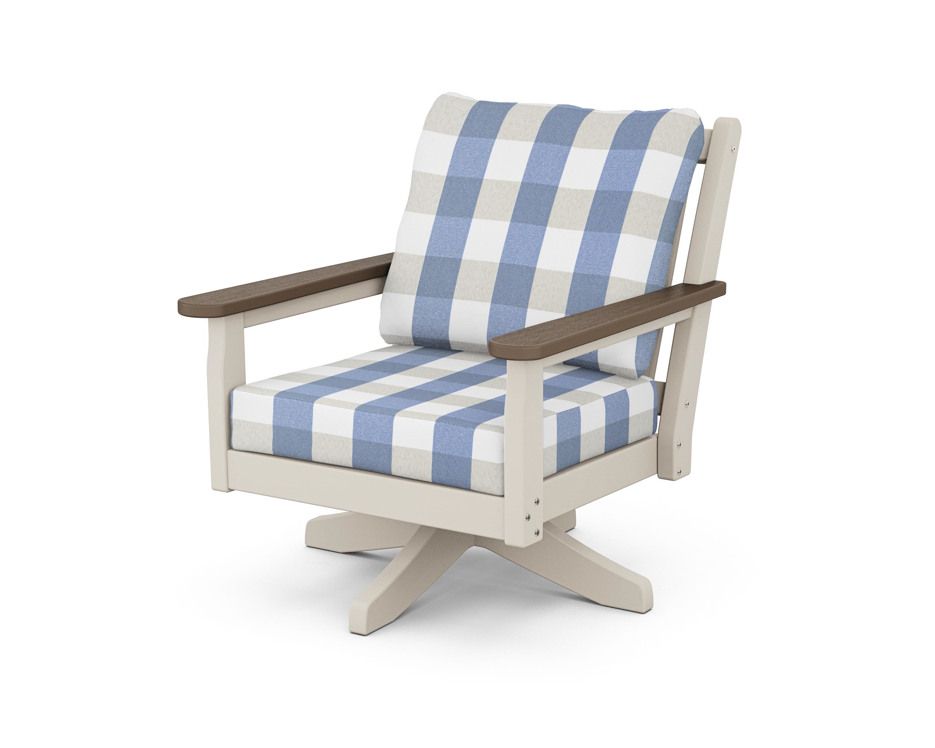 POLYWOOD® Chippendale Deep Seating Swivel Chair in Sand / Kona / Buffalo Plaid Sky Blue