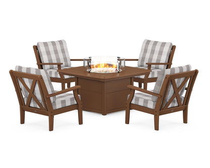 POLYWOOD® Braxton 5-Piece Deep Seating Conversation Set with Fire Pit Table in Teak / Buffalo Plaid Grey Mist
