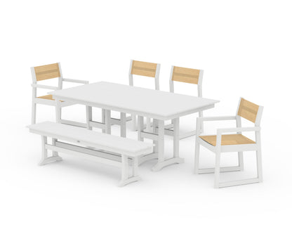 POLYWOOD® EDGE Sling 6-Piece Farmhouse Dining Set in White / Dupioni Apricot Sling