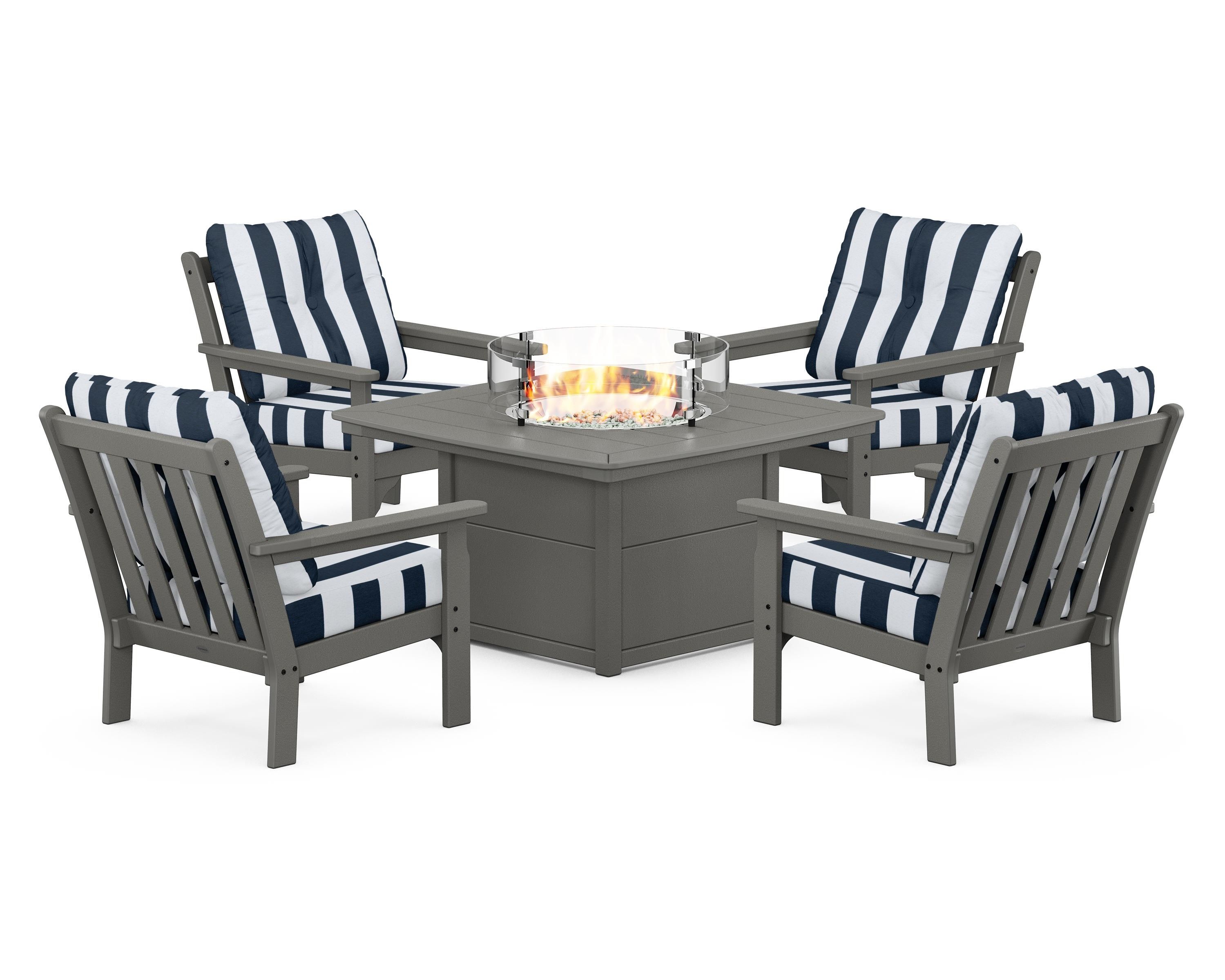 POLYWOOD® Vineyard 5-Piece Conversation Set with Fire Pit Table in Slate Grey / Cabana Stripe Marine Indigo