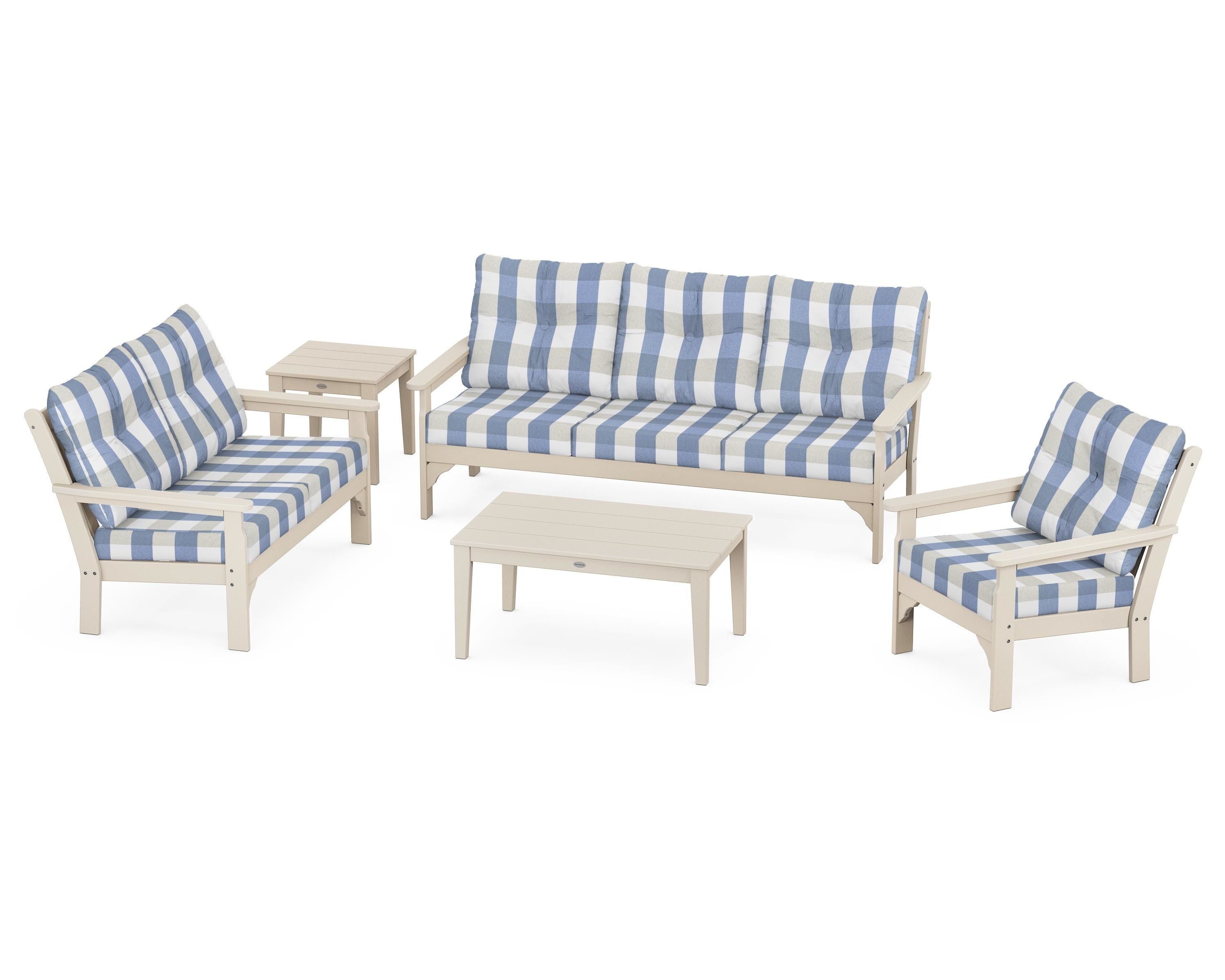 POLYWOOD® Vineyard 5 Piece Deep Seating Set in Sand / Buffalo Plaid Sky Blue