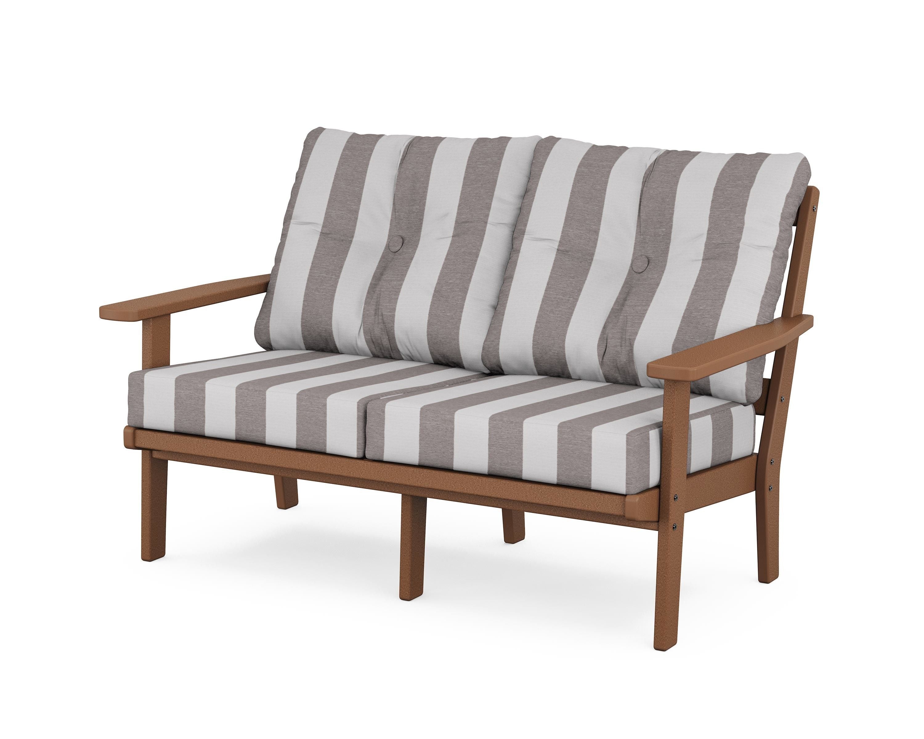 POLYWOOD® Prairie Deep Seating Loveseat in Teak / Cabana Stripe Grey Mist