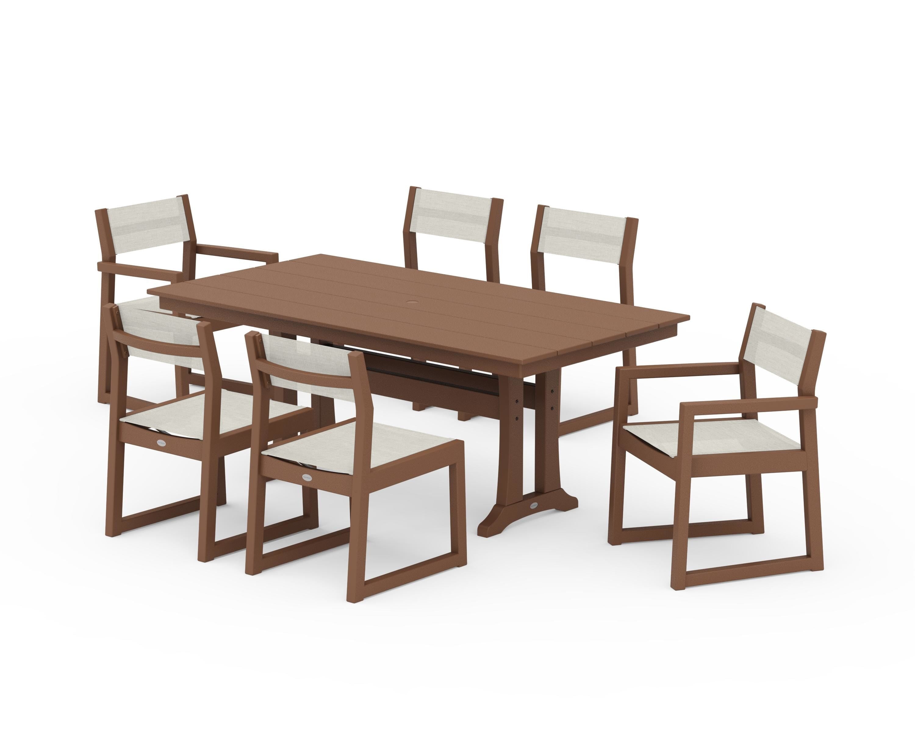 POLYWOOD® EDGE Sling 7-Piece Farmhouse Trestle Dining Set in Teak / Parchment Sling