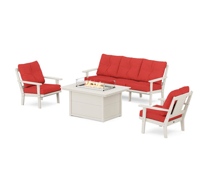 POLYWOOD® Prairie Deep Seating Fire Pit Table Set in Sand / Crimson Linen