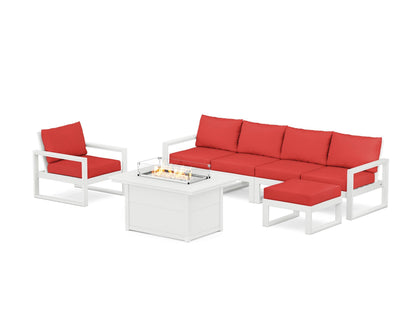 POLYWOOD® EDGE Sectional Lounge and Fire Pit Set in White / Crimson Linen