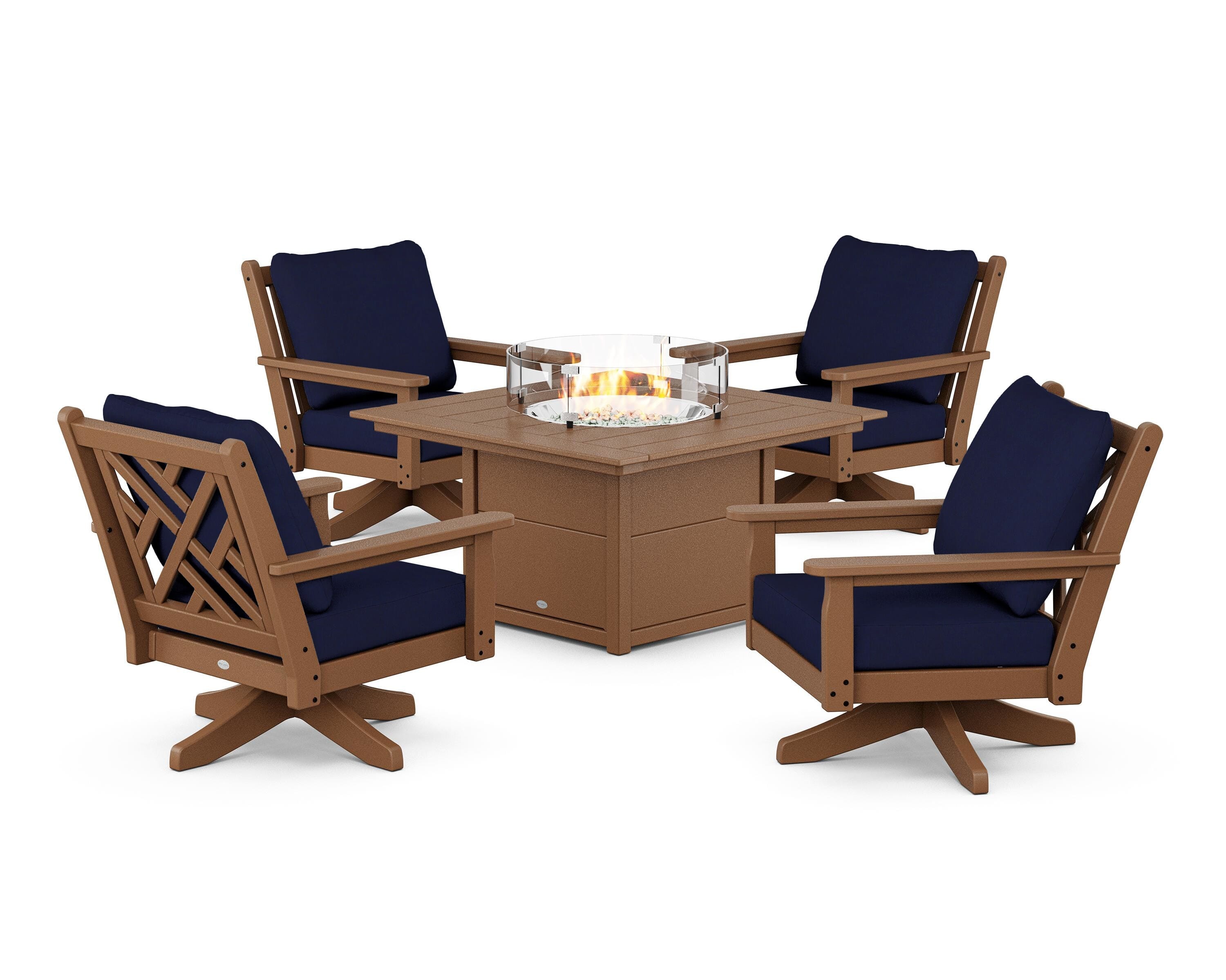 POLYWOOD® Chippendale 5-Piece Deep Seating Swivel Conversation Set with Fire Pit Table in Teak / Navy