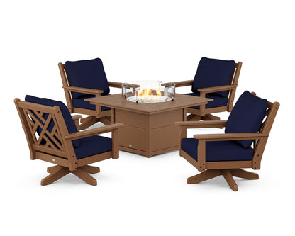 POLYWOOD® Chippendale 5-Piece Deep Seating Swivel Conversation Set with Fire Pit Table in Teak / Navy