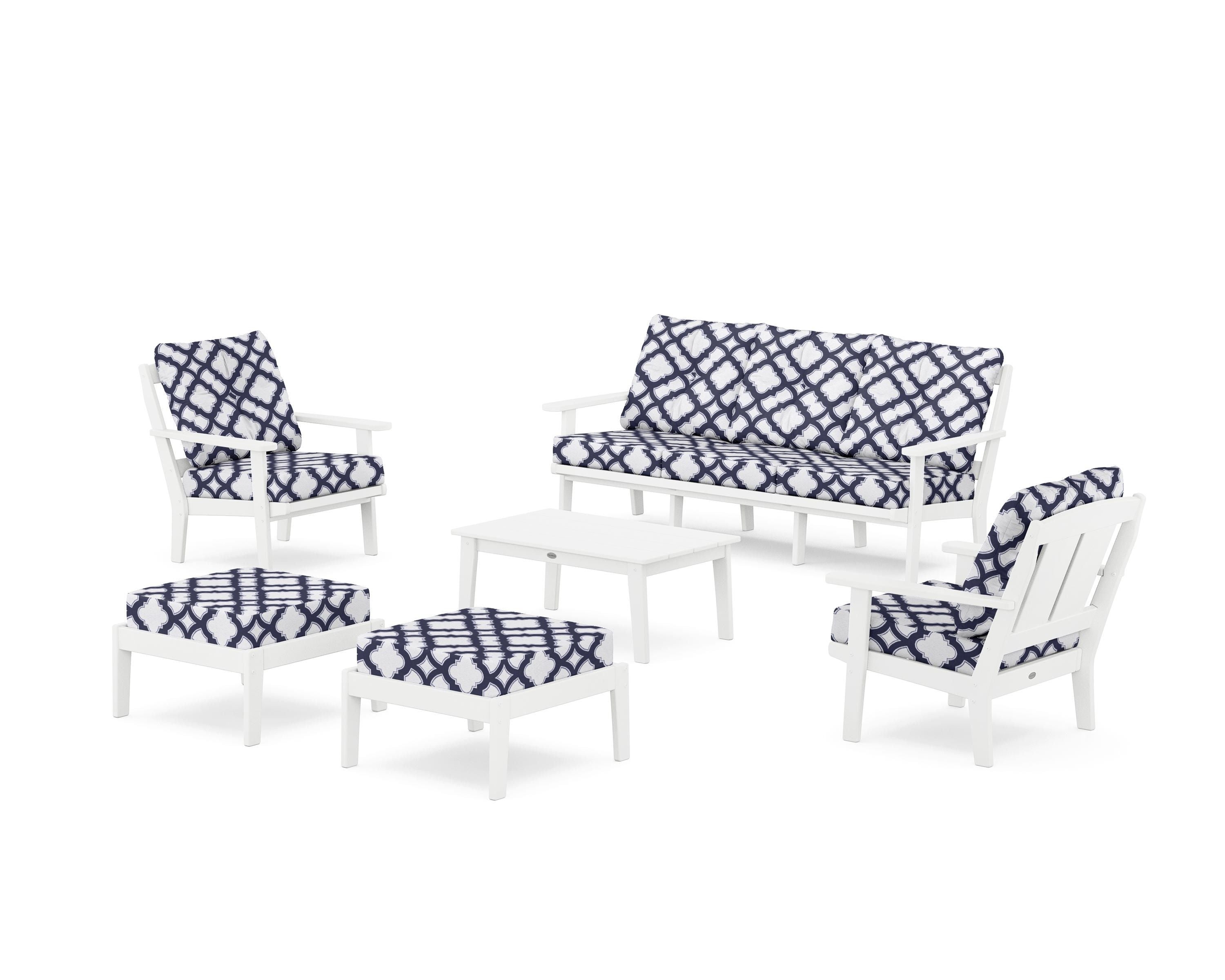 POLYWOOD® Mission 6-Piece Lounge Sofa Set in White / Trellis Navy